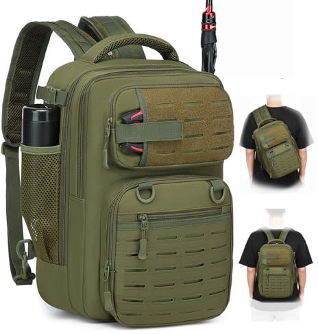 BlesMaller 2 in 1 Angelrucksack mit Rutenhalter kleine Angeltasche 25L taktische Angeln Schultertasche militär Rucksack für Angeln Wandern (23x20x37cm) Grün