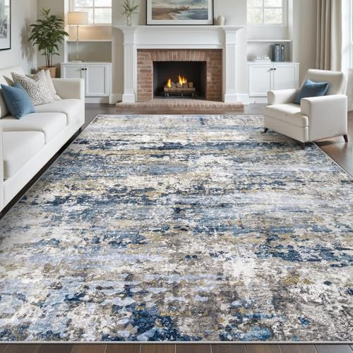 pmtsns Area Rugs 8x10 for Living Room: Washable Rug Modern Abstract Neutral Soft Non-Slip Low-Pile Indoor Large Carpet for Bedroom Dining Room Home Office Children's Room(Blue Grey Brown, 8'x10')