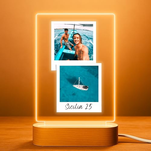 Cristal Plaque Lampara Personalizada Fotos Polaroid para Pareja – Luz LED y Base Madera – Regalo Aniversario, Cumpleaños y Bodas