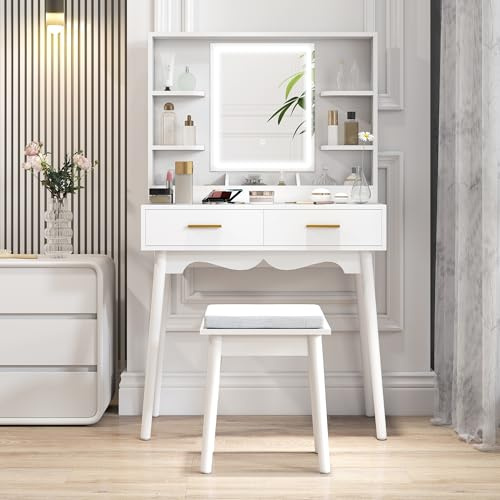 HOMCOM Dressing Table with Mirror and Stool, Vanity Desk with 3-Colour LED Lights, Modern Makeup Table with Cushioned Seat, 2 Drawers, Storage Shelves, Pine Wood legs, White