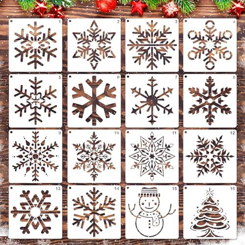 MWOOT 16 Pieces Snow Window Stencils for Painting on Wood,Reusable DIY Painting Templates, Plastic Snowflake Stencil for Crafts Card Making, Snowflake Stencils for Crafts Reusable (15x15 CM)