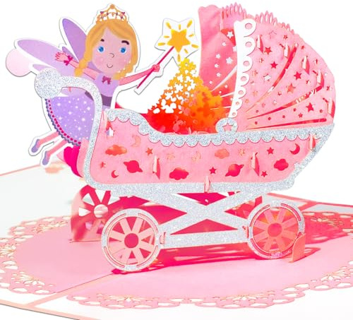 GREETING ART Tarjeta de nacimiento Pop Up con cochecito de bebé, tarjeta de nacimiento 3D para niñas, felicitaciones por el bebé, tarjeta de felicitación por nacimiento de hija, regalo de dinero para