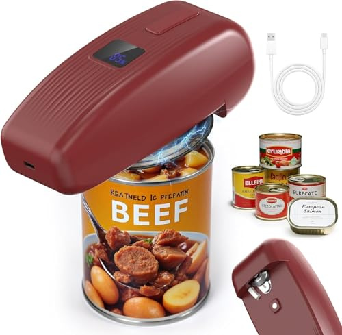 Electric Can Opener Automatic Intelligent Electric Can Opener Rechargeable Electric Tin Opener for All Can Sizes One Touch Automatic Can Opener Easy Electric Can Openers for Seniors, Arthritic (Red)
