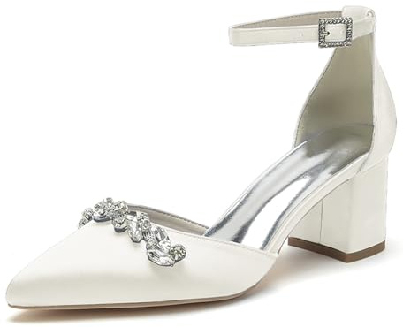 HFWXYSA Scarpe da Sposa in Raso con Tacco Largo Medio E Strass da Donna Cinturino alla Caviglia Punta Chiusa Scarpe da Matrimonio,Avorio,42 EU