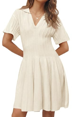 Saodimallsu Womens Summer Short Sleeve Mini Dress Casual A Line Polo V Neck Collared Ribbed Knit Pleated Sweater Dresses Khaki
