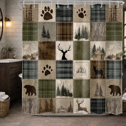 DEMCEAR Rustic Cabin Forest Shower Curtain for Bathroom, Wild Animal Bear and Deer Brown Vintage Plaid Patchwork Shower Curtain Set Country Bathroom Decor Accessories with Hooks, 72W X 72L inches