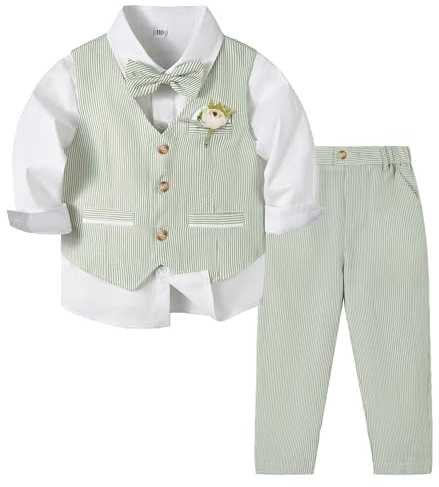 Volunboy Baby Boys 5-Piece Formal Suit, Toddler Waistcoat Wedding Outfit with Dress Shirt, Vest, Pants, Boutonniere and Bow Tie(Tag Size 120,4-5 Years,Sage Green)
