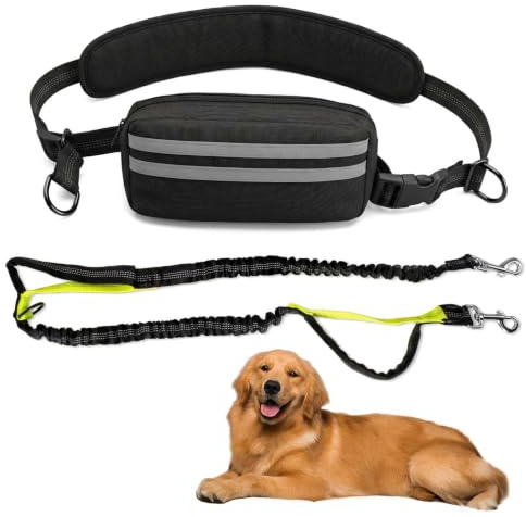 Laisse Canicross Chien, Laisse Main Libre pour Chiens, Sac Banane Détachable, Poignées Doubles renforcées, Réfléchissant, Élastique 148-190cm, pour Course à Pied Marche Jogging (pour 1 Chien)
