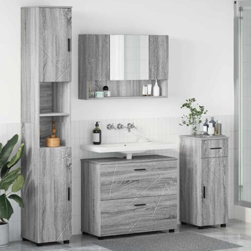 Yunovire badrumsmöbler set 4 delar grå Sonoma-plywood och metall med tvättställ, spegelskåp, högskåp och underskåp för väggmontering och praktiskt förvaringsutrymme i det moderna badrummet