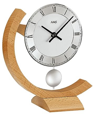 AMS 163 Pendel-Tischuhr - Gehäuse aus massiver Buche, silberfarbenes Zifferblatt mit römischen Zahlen, Quarzwerk mit Pendel, klassisches Design für Wohnzimmer & Büro, Maße: 18 x 22 x 4 cm
