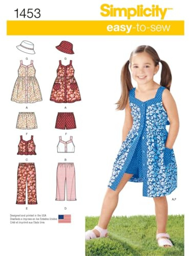 Simplicity Easy to Sew Girl's Dress, Top, Pants or Shorts and Hat Clothing Sewing Pattern Kit, Code 1453, Sizes 3-8