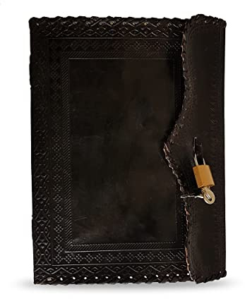 Jaald 25 cm Libreta Notas Cuaderno Hojas Diario Album Hecho a Mano con Cubierta de Cuero y Cerradura Llave Candado - Negro