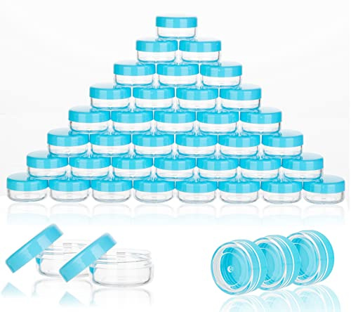 ZEJIA 3 Gram Sample Containers with Lids, 50 Count Tiny Sample Jars, 3ML Makeup Cosmetic Containers for Lip Balms, Lotion, Powder, Beauty Products(Blue Lids)