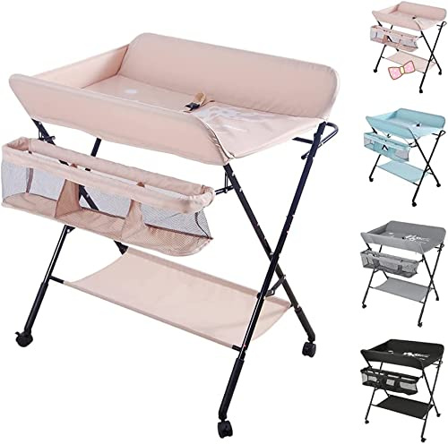 Cambiadores, cambiador y bañera 2 en 1 para bebé, desde el nacimiento hasta los 12 meses (hasta 25kg), mesa cambiador plegable y portátil para bebés con 4 ruedas (rosa)