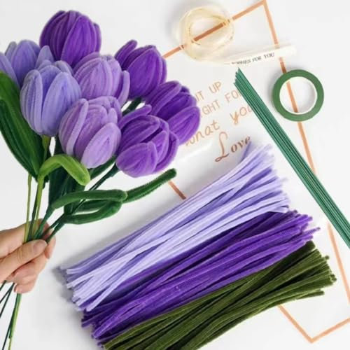 Tulpe Blumenstrauß Pfeifenreiniger Set mit 150 Stück Pfeifenputzer Bunt mit 3 Farben（Hellviolett,Mittel Violett,Blattgrün),8 Stück Grün Basteldraht,Geschenkpapier,Geschenkband,Klebeband