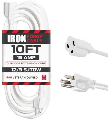 Iron Forge Cable 12 Gauge Outdoor Extension Cord 10 Ft, SJTOW 12/3 Heavy Duty White Extension Cord 3 Prong, Oil Resistant & Flame Retardant