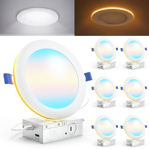 Sunco 6 Pack 6 Inch LED Recessed Light with Night Light, Slim Ceiling Lighting, 1500 Lumens, 15W (110W Equivalent), Selectable CCT 2700K/3000K/4000K/5000K/6000K, Dimmable, Canless with Junction Box.