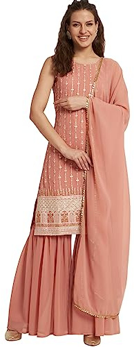 Shopping Queen Women's Georgette Embroidery Straight Kurta and Sharara Set (A503_Peach_2XL)