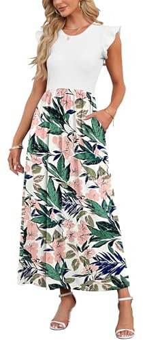 AUSELILY Women's Maxi Dress Casual Round Neck Short Sleeve Ladies Long Dress with Pockets Evening Dresses for Women Floral Pink Green, S