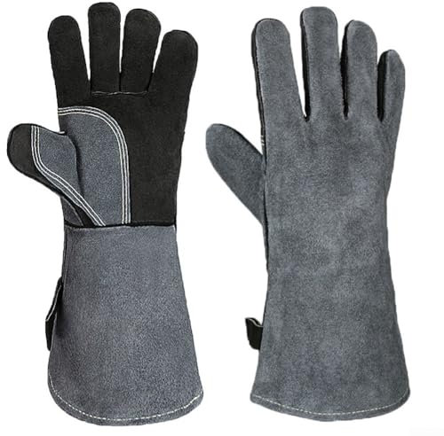 Guanti da saldatura, anti-scottatura, resistenti alle alte temperature, 500 °C, in pelle bovina, guanti per saldatura, barbecue, forno, cottura