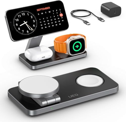 UEQ Foldable 3 in 1 Wireless Charging Station for Apple Compatible with Magsafe Charger Stand,Magnetic Wireless Charger Station for iPhone 18 17 16 15 14 13 12 Series,Apple Watch,AirPods(Black White)