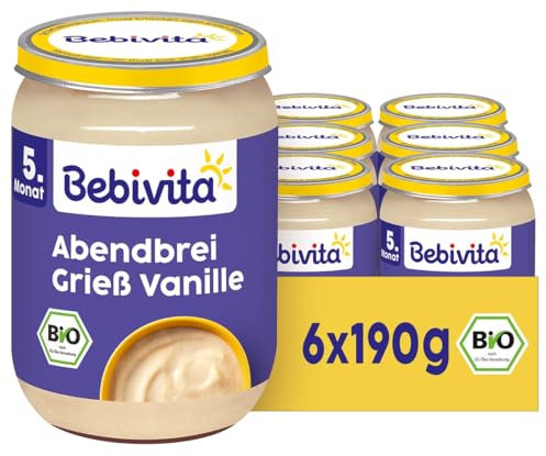 Bebivita Bio Abendbrei Grieß Vanille (6 x 190g), ab 5. Monat, ohne Zuckerzusatz, gut sättigend, 100% Bio-Qualität