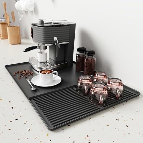 HOTUT Kaffematta i silikon, 61 x 40,5 cm (24 x 16 tum) stor silikonmatta under kaffemaskiner, kaffebryggarmatta med upphöjda kanter, stapelbar, 19 x 40 cm, non-stick värmebeständig kaffebarmatta
