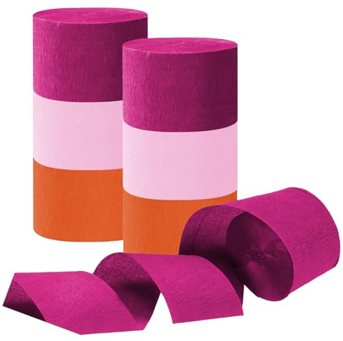Rose Red Pink and Orange Crepe Paper Streamers, Party Streamer Decorations for Various Party Festival Decorations, 6 Rolls
