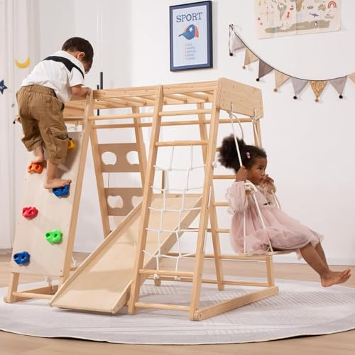 DDZJTPP Juego Triángulos Escalada Multifuncionales 7 En 1, Estructura Escalada Interior para Niños,con Columpio,Tobogán,Piedra Escalada Plástico,para Anillos Parque Infantil Interior