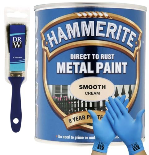 DRW Hammerite Direct to Rust Metal Paint Smooth Cream 250ml 1 Paint Brush & Free Nitrile Gloves | Durable Anti-Rust Protection for Indoor & Outdoor Metal