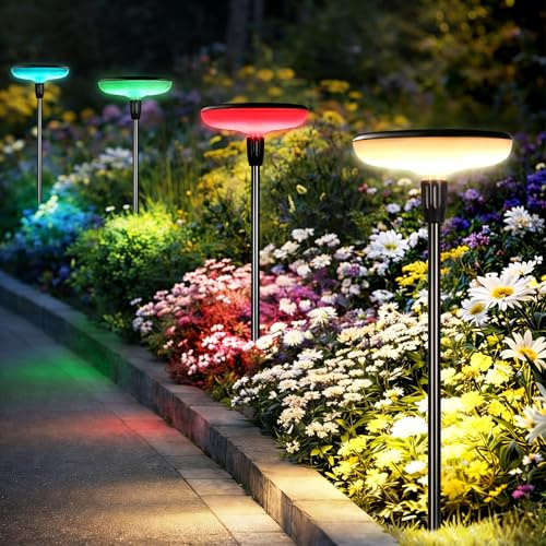 EFFILUMLUX Luci Solari da Giardino Set 4 Pezzi, Lampade Solari da Esterno con Bianco Caldo e RGB, 1000mAh, 21 LEDs 55 lumen, Altezza Regolabile 77 cm, Impermeabile IP65 per Esterno Festa Terra Prato