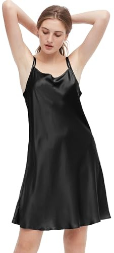 LilySilk Nuisette Soie Féminin Robe Courte à Fines Bretelles Chemise de Nuit Chic Eté 19 Momme (Noir, XS)