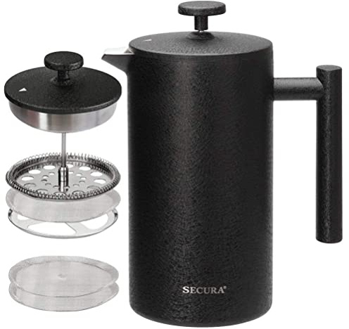 Secura French Press Coffee Maker, 304 Grade Stainless Steel Insulated Coffee Press with 2 Extra Screens, 34oz (1 Litre), Black