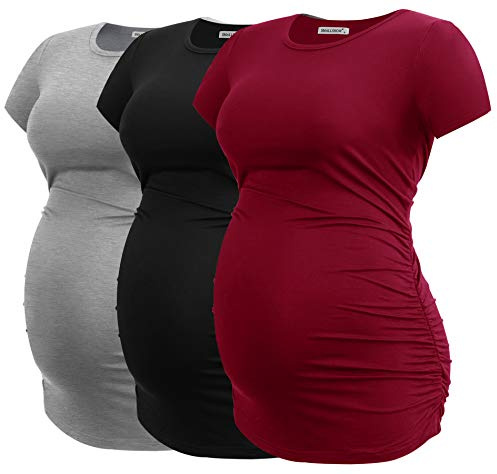 Smallshow Women's Maternity Shirt Side Ruched Tunic Pregnancy Top Clothes 3-Pack Black/Light Grey/Wine Medium