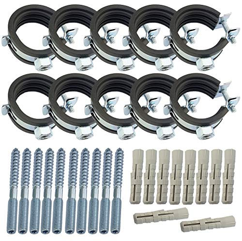 10 Stück Set Rohrschellen aus Stahl verzinkt Spannbereich 54-58 mm Rohr Außendurchmesser mit Schallschutz Gummi Einlage + Dübel 10mm + Stockschrauben M8 Halterung Befestigung 10er Pack