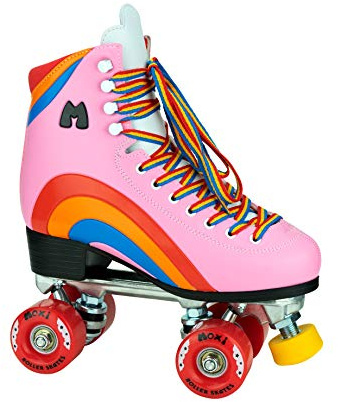 Moxi Skates – Regenbogenreiter – Lustige und modische Rollschuhe für Damen | Rosa Herz | Größe 2 JR