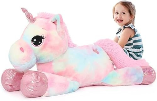 MorisMos Großes Einhorn Plüschtier Kuscheltier XXL, 80cm Rosa Flauschige riesen Einhorn Stofftier, Geschenke für Mädchen