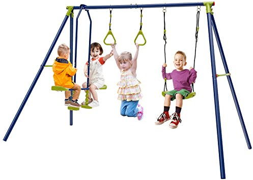 COSTWAY Set Altalene da Giardino per Bambini, Altalena 3 in 1 con Supporto in Metallo, Altalena a Doppio, Anelli da Ginnastica, Capacità 150 kg, per Esterno, 3-10 Anni, 278 x 142 x 177cm
