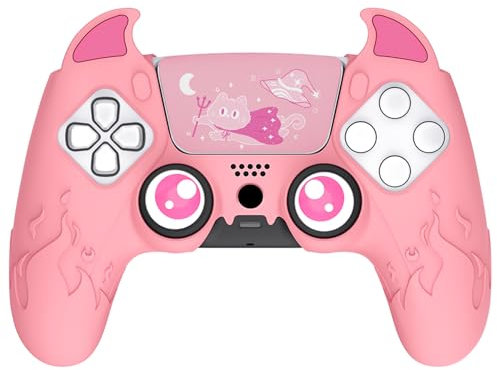 PlayVital Cute Demon Kawaii Funda de Silicona para ps5 Control Accesorios Funda Linda Protectora Antideslizante Cover Gamepad Skin con Pegatina de TouchPad y Tapas de Joysticks para ps5 Mando(Rosa)