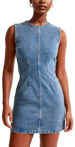 Daacee Women's Sleeveless Bodycon Denim Mini Dress Sleeveless Waist Tucks Zipper Short Tank Jean Dresses Concert Outfits(0756-Blue-Medium)