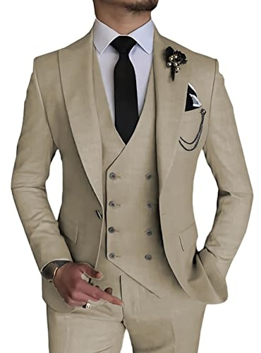 Abito elegante 3 pezzi per Uomo Completo da Cerimonia/Matrimonio a Doppio Petto 1 Bottone Giacca Gilet Pantaloni Completo Formale, Colore Beige, S