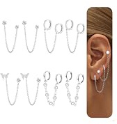 Diamday 4 Paar Ohrringe Gold und Silber für Damen - 14K Vergoldet Hängend mit Kette Doppel Piercing Creolen Hypoallergen Set