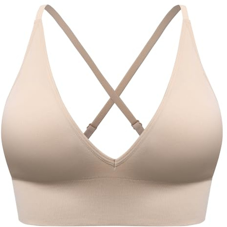 SUNSESS Sports Bra for Women Seamless Deep V Non-Wired Comfort Bralette with Padded Criss Cross Medium Support Yoga Crop Top Bras (UK, Alpha, M, Regular, Regular, Standard, Nude)