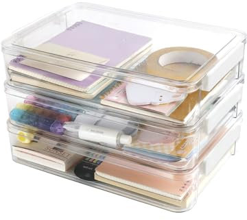DIBALIYI 3 Pcs Aufbewahrungsbehälter aus Kunststoff, Transparent Aufbewahrungsbox mit 2 Dokumentenhalter, Stapelbar Bürobedarf Organizer, Plastikbox für Craft Schreibwaren Kosmetika A4