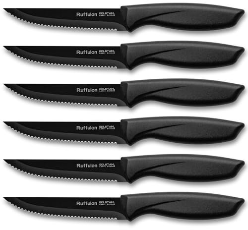 Ruffulon Coltelli da Bistecca,Set di 6,Coltelli da Cucina Neri,Coltelli Bistecca Seghettati in Acciaio Inox,Ultra Affilati,Coltelli da Cucina Professionali,Coltello da Tavola per Carne