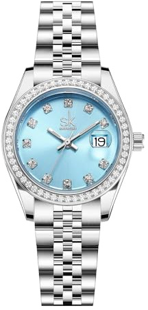 SHENGKE Women's Crystal akzentuiert mit soliden Legierung Stahlband Uhr Elegantes Kleid Quarz Kalender Uhren für Frauen (Silber&Himmelblau)