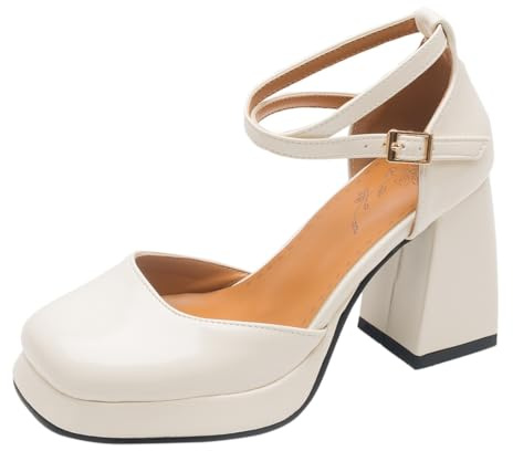 REKALFO Mary Jane Grosse da Donna Tacco Largo Punta Quadrata Tacchi con Plateau e Cinturino Regolabile alla Caviglia Décolleté per Abiti da Ufficio, Feste e Abbigliamento Casual Beige 36 EU