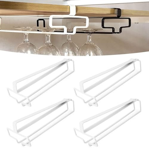 SAMSYOKI 4 Pièces Porte Verre à Vin Suspendu Support de Verre à Vin Sous Armoire Porte-Verres à Pied Suspendu Sans Perçage Métal Accroche-verres Pour étagère pour Cuisine Café Bar Restaurant (Blanc)