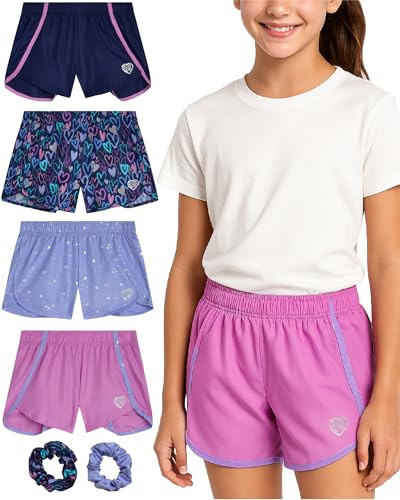 Body Glove Girls Athletic Shorts - 4 Pack Active Performance Fleece Running Short - Girls Gym Workout Dolphin Shorts, Size 12, Navy Hearts/Pink Purple