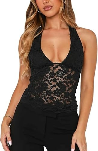 Sukiglam Canotte Donna Elegante Halter Top in Pizzo Estiva Senza Maniche con Scollo a V Canotta Corto Sexy Slim Fit Canottiera Y2K Gilet Schiena Scoperta Crop Tops per Party Discoteca Outfit